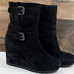 Prada Women's Black‎ Suede Wedge Boots Size 38 (US 7.5-8) Buckle Strap Lug Sole